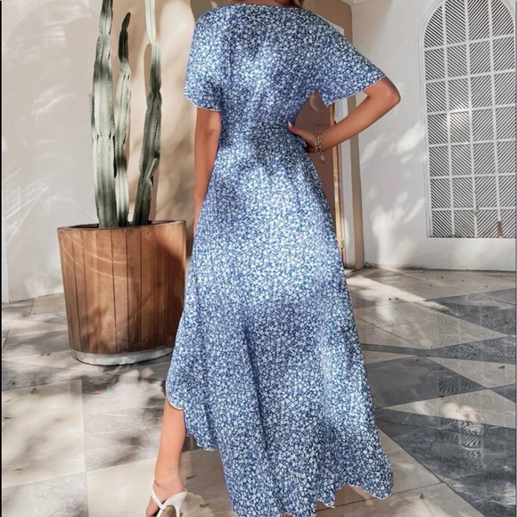 Blue floral print ruffle belted high low dress - Picture 3 of 6